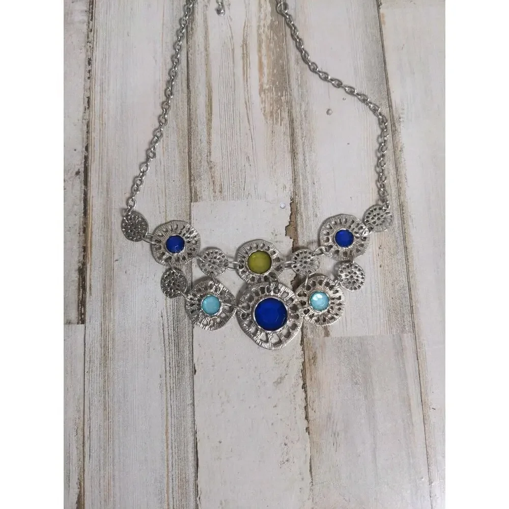 Statement Necklace & Matching‎ Earring Set, silver tone, blue yellow & teal - Picture 6 of 6